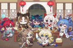1boy arknights blush chongyue_(arknights) dragon_boy dragon_girl dusk_(arknights) eating food happy horns hue_oo jie_(arknights) ling_(arknights) long_hair medium_hair multiple_girls nian_(arknights) shu_(arknights) sui_(arknights)