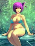  1girl arm_support ayane ayane_(doa) bad_id bikini breasts brown_eyes cleavage closed_mouth collarbone curvy dead_or_alive female forest gureguma headband hips large_breasts nature navel purple_hair short_hair sitting solo swimsuit yoko_juusuke yoko_jyusuke 