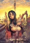  breasts brown_eyes brown_hair china_dress chinadress chinese_clothes cloud clouds flower highres huge_breasts hyung_tae_kim large_breasts long_hair sky sunset watermark 