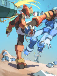  arm_cannon armor black_eyes blonde_hair desert energy_sword helmet highres holding holding_sword holding_weapon kicking long_hair male_focus mega_man_(series) mega_man_zero_(series) multiple_boys omochi_(mochi_skymega) pantheon_(mega_man) red_armor red_helmet solo_focus sword weapon z_saber zero(z)_(mega_man) zero_(mega_man) 
