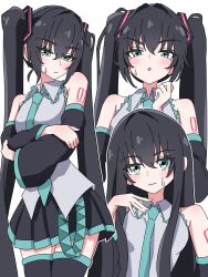  1girl absurdres alternate_hair_color alternate_hairstyle aqua_eyes aqua_hair aqua_necktie aqua_trim bare_shoulders black_skirt black_sleeves black_thighhighs blush detached_sleeves hair_between_eyes hairband hatsune_miku highres horizontal-striped_skirt horizontal-striped_sleeve_cuffs horizontal-striped_thighhighs long_hair looking_at_viewer multiple_views necktie number_tattoo open_mouth shirt simple_background single_horizontal_stripe skirt sleeveless sleeveless_shirt solo striped_clothes striped_thighhighs tattoo thigh-highs twintails two-tone_thighhighs unenemiko very_long_hair vocaloid white_background 