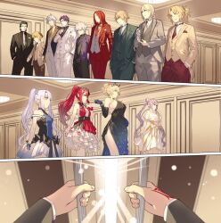  6+boys 6+girls agravain_(fate) baobhan_sith_(fate) barghest_(fate) bedivere_(fate) black_dress black_hair blonde_hair breasts britomart_(fate) dress elbow_gloves faerie_knights_(fate) fate/grand_order fate_(series) fujimaru_ritsuka_(male) galahad_(fate) gareth_(fate) gawain_(fate) gloves grey_eyes grey_suit hair_ornament hand_up hands_in_pockets highres knights_of_the_round_table_(fate) lancelot_(fate/grand_order) large_breasts long_hair medium_breasts melusine_(fate) mordred_(fate) multiple_boys multiple_girls nakanishi_tatsuya percival_(fate) pink_hair pointy_ears ponytail purple_hair red_dress red_hair red_suit short_hair sidelocks smile suit tristan_(fate) twintails white_dress white_hair white_suit yellow_eyes 