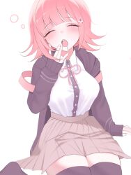  1girl blush breasts brown_hair brown_skirt collared_shirt danganronpa_(series) danganronpa_2:_goodbye_despair drooling flipped_hair galaga hair_ornament highres jacket long_sleeves looking_at_viewer medium_hair mikomi00 nanami_chiaki neck_ribbon open_clothes open_jacket pink_eyes pink_ribbon ribbon shirt skirt solo spaceship_hair_ornament thigh-highs two-tone_shirt white_shirt yawning zettai_ryouiki 