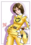  1girl abare_yellow bakuryuu_sentai_abaranger belt bodysuit brown_eyes brown_hair female gloves helmet ranru_itsuki sentai short_hair skirt solo super_sentai 