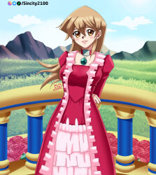 1girl alexis_rhodes arms_behind_back balcony beautiful blonde_hair cute deviantart_username dress flower happy lipstick long_hair mountain palace pink_dress rose sincity2100 smile tenjouin_asuka yellow_eyes yu-gi-oh! yuu-gi-ou yuu-gi-ou_gx