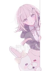  1girl :o blunt_bangs bow brown_hair danganronpa_(series) danganronpa_2:_goodbye_despair dress_shirt ear_bow highres hood hood_down jacket long_sleeves medium_hair monomi_(danganronpa) nanami_chiaki neck_ribbon open_clothes open_jacket peeking_out pink_eyes pink_ribbon pote_(pote_39) red_eyes ribbon shirt spaceship_hair_ornament white_background 