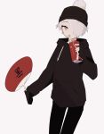  1girl beanie black_headwear black_hoodie black_legwear can drinking drinking_straw fan grey_eyes hair_over_one_eye hat highres hjkre3 holding holding_can holding_fan hood hood_down hoodie original short_hair simple_background sleeves_past_wrists soda soda_can solo white_background white_hair 