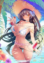  beach bikini black_hair blush breasts epic7 hair_ribbon hat highres large_breasts long_hair lotion pigat red_eyes ribbon sky smile sun_hat sunscreen swimsuit sword tan undressing weapon 