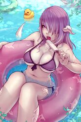  1girl au_ra bikini breasts commission dragon_horns dragon_tail english_commentary facing_viewer final_fantasy final_fantasy_xiv floating food hair_over_one_eye horns innertube large_breasts lips long_hair nail_polish navel open_mouth partially_submerged pink_eyes pink_hair popsicle rubber_duck scales solo soranamae swimsuit tail tongue tongue_out water 