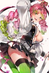  1girl belt blush braid breasts gradient_hair green_eyes green_hair green_legwear hair_between_eyes haori highres hinahino holding holding_sheath holding_sword holding_weapon japanese_clothes kanroji_matsuri katana kimetsu_no_yaiba large_breasts long_hair long_sleeves looking_at_viewer mole mole_under_eye multicolored_hair multiple_braids no_bra open_clothes pink_hair sheath solo sword thigh-highs unbuttoned unbuttoned_shirt uniform unsheathed weapon 