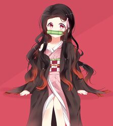  1girl arm_support bamboo bangs bit_gag black_hair blush brown_hair checkered collarbone commentary_request deyui forehead gag gradient_hair hair_ribbon japanese_clothes kamado_nezuko kimetsu_no_yaiba kimono long_hair long_sleeves looking_at_viewer mouth_hold multicolored_hair obi off_shoulder open_clothes parted_bangs pink_background pink_kimono pink_ribbon red_background red_eyes ribbon sash shadow sitting sleeves_past_wrists solo two-tone_hair very_long_hair wide_sleeves 