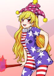  1girl :d absurdres american_flag american_flag_dress american_flag_legwear blonde_hair blush clownpiece dress fairy_wings frilled_shirt_collar frills gradient gradient_background hand_on_hip hat highres itou_yuuji jester_cap leggings long_hair neck_ruff open_mouth polka_dot polka_dot_hat purple_headwear red_eyes simple_background smile star star_print striped striped_dress striped_legwear torch touhou very_long_hair wings 