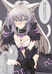  1girl agrius_metamorphosis ahoge animal_ear_fluff animal_ears atalanta_(alter)_(fate) atalanta_(fate) bangs black_legwear blush braid breasts cat_ears chain chained collar commentary_request eyebrows_visible_through_hair fate/grand_order fate_(series) fur green_eyes grey_background hair_between_eyes kneeling long_hair looking_at_viewer medium_breasts multicolored_hair nahu silver_hair solo tail thigh-highs translation_request very_long_hair 