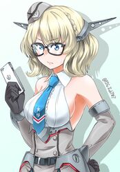  1girl absurdres akito_(sub707) anchor_symbol artist_name bespectacled black-framed_eyewear black_gloves blonde_hair blue_background blue_eyes blue_neckwear breasts cellphone colorado_(kantai_collection) dated dress elbow_gloves garrison_cap glasses gloves grey_dress grey_headwear hat headgear highres iphone kantai_collection large_breasts necktie phone pleated_dress shadow shirt short_hair side_braids sideboob sleeveless smartphone solo white_shirt 