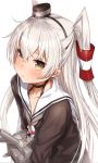  1girl 1other amatsukaze_(kantai_collection) brown_dress commentary_request dress hair_tubes hat highres kantai_collection lifebuoy long_hair looking_at_viewer mini_hat rensouhou-kun sailor_dress silver_hair simple_background smokestack_hair_ornament takanashi_kei_(hitsujikan) thigh-highs two_side_up upper_body white_background windsock 