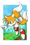1boy animal_ears blue_eyes ears fox_ears fur gloves hankuri male_focus multiple_tails no_humans nose pointing shoes smile solo sonic_(series) sonic_the_hedgehog tail tails_(sonic) two_tails