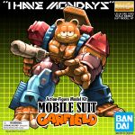  absurdres bandai black_eyes box_art character_name chromonaut english_commentary fake_box_art garfield garfield_(character) gundam highres logo looking_at_viewer mecha mechanization no_humans open_hand parody science_fiction smile solo 