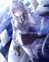  1girl ahoge akamatsu_kaede beamed_eighth_notes blonde_hair breasts brown_footwear commentary_request dangan_ronpa eighth_note eyebrows_visible_through_hair hair_ornament long_hair long_sleeves musical_note musical_note_hair_ornament necktie new_dangan_ronpa_v3 paper piano_keys pleated_skirt school_uniform shirt shoes skirt smile solo sweater_vest violet_eyes z-epto_(chat-noir86) 