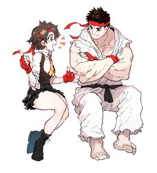  1boy 1girl barefoot black_footwear black_hair blush boots crossed_arms fingerless_gloves gloves headband highres idohj12 looking_at_another necktie red_gloves red_headband ryuu_(street_fighter) short_hair simple_background sitting smile street_fighter street_fighter_v torn_clothes torn_sleeves white_background 