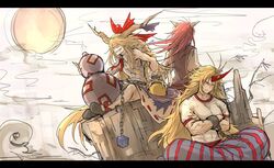  3girls absurdres blonde_hair bow chain crossed_arms cuffs gourd grin highres hoshiguma_yuugi ibaraki_kasen ibuki_suika kan_(aaaaari35) messy_hair multiple_girls muscle muscular_female oni oni_horns pink_hair red_eyes shackles sharp_teeth sitting skirt smile teeth touhou yellow_eyes 