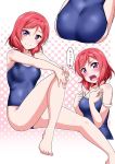  1girl angry ass bare_legs barefoot blush breasts collarbone embarrassed highres kanji looking_at_viewer love_live! love_live!_school_idol_project medium_breasts nishikino_maki one-piece_swimsuit redhead school_swimsuit short_hair sitting smile solo speech_bubble swimsuit violet_eyes yopparai_oni 