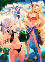  astraea_(fate/grand_order) bikini blonde_hair blue_hair bracelet breasts club coconut crossed_arms drill_hair fate/grand_order fate_(series) food fruit gradient_hair green_nails hand_on_hip jewelry kanabou kingprotea kodama_(wa-ka-me) large_breasts medium_breasts multicolored_hair muscle muscular_female navel one-piece_swimsuit one_eye_closed penthesilea_(fate/grand_order) purple_hair quetzalcoatl_(fate/grand_order) saint_martha saint_martha_(swimsuit_ruler)_(fate) sharp_teeth swimsuit teeth watermelon weapon white_hair 