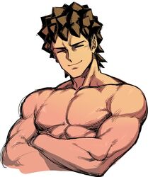  1boy brown_hair closed_eyes crossed_arms male_focus muscle pokemon pokemon_(anime) shirtless smile solo space_jin spiky_hair takeshi_(pokemon) upper_body 