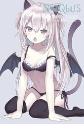  1girl animal_ears arm_support artist_name bangs bare_arms bare_shoulders black_bra black_legwear black_panties black_wings bow bow_bra bra breasts capriccio cat_ears cat_girl cat_tail chestnut_mouth collarbone commentary_request demon_girl demon_wings eyebrows_visible_through_hair fangs grey_background grey_hair hair_between_eyes leaning_forward long_hair looking_at_viewer navel no_shoes open_mouth original panties side-tie_panties sidelocks simple_background sitting small_breasts solo strap_slip succubus tail tail_raised thigh-highs two_side_up underwear underwear_only very_long_hair violet_eyes wariza wings 