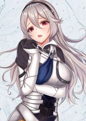  1girl armor black_hairband corrin_(fire_emblem) corrin_(fire_emblem)_(female) fire_emblem fire_emblem_fates hairband highres long_hair manakete nurumaru_yu open_mouth red_eyes solo white_hair 