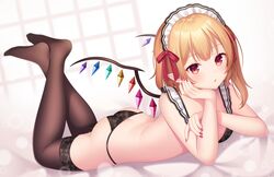  1girl ass bangs bare_arms bare_shoulders black_bra black_legwear black_panties blonde_hair blush bra breasts chin_rest commentary_request crossed_ankles crystal dutch_angle flandre_scarlet frills hair_ribbon hand_up legs_up lens_flare long_hair lying maid_headdress nail_polish no_hat no_headwear no_shoes on_stomach one_side_up panties pointy_ears red_eyes red_nails red_ribbon ribbon small_breasts solo thigh-highs thighs touhou underwear wings yamayu 