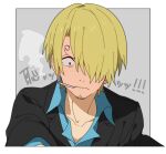  1boy blonde_hair blush chibisuke cigarette facial_hair formal hair_over_one_eye male_focus one_piece sanji simple_background smoke smoking solo suit 