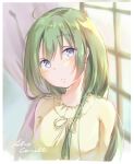  1girl alice_carroll aria bangs blue_eyes blush character_name curtains eyebrows_visible_through_hair green_hair head_tilt highres long_hair looking_at_viewer nut_megu portrait solo waking_up window 