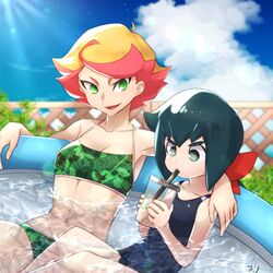  2girls amanda_o&#039;neill armpit_peek bikini black_eyes black_hair blush breasts bubble_tea chihiri clouds cloudy_sky collarbone constanze_amalie_von_braunschbank-albrechtsberger drink glass green_bikini green_eyes hair_ornament hair_ribbon hand_on_shoulder light_rays little_witch_academia multiple_girls navel open_mouth orange_hair outdoors ponytail pool ribbon shiny shiny_hair short_hair sky small_breasts smile sunbeam sunlight swimsuit swimwear yuri 