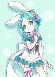  1other amimi animal_ears aqua_background aqua_dress aqua_eyes aqua_hair arm_at_side bare_arms bow bowtie bustier cowboy_shot dress flat_chest flower frilled_dress frills hair_bow hair_flower hair_ornament hand_on_own_chest head_tilt holding houseki_no_kuni leg_ribbon looking_at_viewer parted_lips phosphophyllite pink_bow pink_neckwear pink_ribbon pocket_watch puffy_short_sleeves puffy_sleeves rabbit_ears ribbon short_dress short_hair short_sleeves solo transparent watch white_bow 