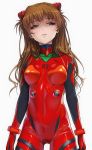 1girl blue_eyes bodysuit brown_hair cowboy_shot hair_ornament highres k19 looking_to_the_side multicolored multicolored_bodysuit multicolored_clothes neon_genesis_evangelion pilot_suit plugsuit rebuild_of_evangelion red_bodysuit shikinami_asuka_langley shiny shiny_hair simple_background solo souryuu_asuka_langley standing twintails white_background 
