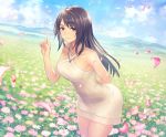 1girl absurdres anbe_yoshirou arm_behind_back bangs bare_shoulders black_hair blue_sky closed_mouth clouds dress feet_out_of_frame female field final_fantasy final_fantasy_viii flower flower_field highres huge_filesize index_finger_raised jewelry leaning_forward long_hair looking_at_viewer mountainous_horizon multicolored_hair necklace official_alternate_costume outdoors petals rinoa_heartilly sky sleeveless sleeveless_dress smile solo two-tone_hair white_dress