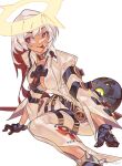  1girl :p ankh_necklace ball_and_chain_restraint bellbottoms between_breasts black_gloves bodysuit breasts colored_inner_hair gloves guilty_gear guilty_gear_xrd halo highres jack-o&#039;_valentine long_hair medium_breasts multicolored_hair no_bra no_mask plunging_neckline red_eyes redhead sitting solo spiked_anklet tongue tongue_out two-tone_hair wariza white_background white_bodysuit white_hair xu_sanchuan 