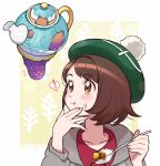  ! 1girl :t blush bob_cut brown_eyes brown_hair cardigan closed_mouth collared_dress commentary_request curry food food_on_face gloria_(pokemon) green_headwear grey_cardigan hat holding holding_spoon hooded_cardigan kusakari notice_lines pokemon pokemon_(creature) pokemon_(game) pokemon_swsh polteageist rice shiny shiny_hair short_hair spoken_exclamation_mark spoon tam_o&#039;_shanter 