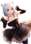  1girl :d animal_ear_fluff animal_ears armpits bangs bare_shoulders black_dress black_gloves black_legwear blush breasts brown_eyes cat_ears claw_pose collarbone cucchiore dress elbow_gloves eyebrows_visible_through_hair fang fur-trimmed_dress fur-trimmed_gloves fur_trim gloves grey_hair halloween highres looking_at_viewer medium_breasts open_mouth original pantyhose pleated_dress simple_background sleeveless sleeveless_dress smile solo white_background 