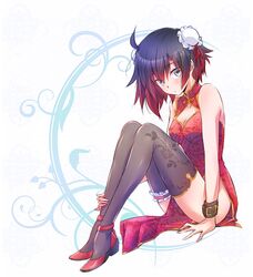  1girl black_hair bun_cover china_dress chinese_clothes cleavage_cutout double_bun dress gradient_hair grey_eyes highres iesupa multicolored_hair pelvic_curtain red_dress redhead ruby_rose rwby shoes short_hair side_slit single_garter solo thigh-highs two-tone_hair wrist_wrap 