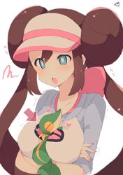  1girl arms_under_breasts between_breasts blue_eyes blush breast_hold breasts brown_hair closed_eyes commentary_request directional_arrow double_bun gen_5_pokemon heart highres large_breasts long_hair mei_(pokemon) muuran open_mouth pokemon pokemon_(creature) pokemon_(game) pokemon_bw2 shirt short_sleeves sidelocks simple_background snivy squiggle tears twintails upper_body visor_cap white_background white_headwear white_shirt 