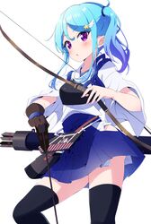  1girl :o absurdres aikatsu! aikatsu!_(series) aikatsu_friends! arrow bangs black_legwear blue_hair blue_hakama bokkun_(doyagaobyo) bow_(weapon) brown_gloves commentary_request cosplay cowboy_shot eyebrows_visible_through_hair gloves gradient_hair hair_between_eyes hair_ornament hakama hakama_skirt highres hip_vent holding holding_arrow holding_bow_(weapon) holding_weapon japanese_clothes kaga_(kantai_collection) kaga_(kantai_collection)_(cosplay) kantai_collection long_sleeves looking_at_viewer medium_hair minato_mio multicolored_hair muneate partly_fingerless_gloves purple_hair quiver shiny shiny_hair side_ponytail sidelocks simple_background solo standing star star_hair_ornament tasuki thigh-highs violet_eyes weapon white_background wide_sleeves winged_hair_ornament yugake yumi_(bow) 