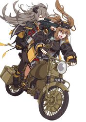  2girls absurdres aiming ankle_boots armband baggy_clothes black_bra black_footwear black_gloves black_jacket black_legwear boots bra brown_hair driving fingerless_gloves girls_frontline gloves goggles goggles_on_head grey_hair ground_vehicle gun h&amp;k_ump hair_ornament highres holding holding_gun holding_weapon jacket knee_pads long_hair mod3_(girls_frontline) motor_vehicle motorcycle multiple_girls open_clothes open_jacket open_mouth pantyhose prosthesis prosthetic_arm rlin scar scar_across_eye sidelocks simple_background sports_bra submachine_gun thigh_strap twintails ump45_(girls_frontline) ump9_(girls_frontline) underwear violet_eyes weapon yellow_eyes 