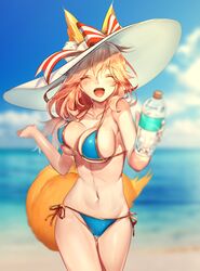  1girl :d animal_ear_fluff animal_ears beach bikini blue_bikini blue_sky bottle bouncing_breasts breasts closed_eyes clouds collarbone day ears_through_headwear fang fate/grand_order fate_(series) fox_ears fox_girl fox_tail hat horizon large_breasts mogullaz navel ocean open_mouth outdoors pink_hair side-tie_bikini sky smile solo straw_hat sun_hat swimsuit tail tamamo_(fate)_(all) tamamo_no_mae_(swimsuit_lancer)_(fate) water_bottle 