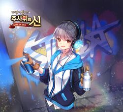  1girl bangs black_jacket black_pants blue_neckwear blurry blurry_background breasts brown_eyes brown_gloves collared_shirt copyright_name depth_of_field eyebrows_visible_through_hair game_of_dice gloves glowing graffiti grey_hair hair_between_eyes headphones holding hood hood_down hooded_jacket jacket long_sleeves looking_at_viewer necktie official_art open_clothes open_jacket pants parted_lips puffy_long_sleeves puffy_sleeves round_teeth shirt short_hair small_breasts smile solo spray_can star teeth tena upper_teeth watermark white_jacket white_shirt 