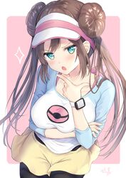  1girl :o black_legwear blue_eyes blush breast_hold breasts brown_hair commentary_request cowboy_shot double_bun large_breasts legwear_under_shorts long_hair long_sleeves looking_at_viewer mei_(pokemon) nagare_yoshimi open_mouth pantyhose pink_background pokemon pokemon_(game) pokemon_bw2 pokemon_masters raglan_sleeves shorts solo sparkle thigh_gap twintails v-shaped_eyebrows very_long_hair visor_cap watch watch white_headwear yellow_shorts 