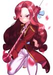  1girl artist_request bangs cookie_run eyebrows hair_ornament long_sleeves looking_at_viewer non-web_source pants personification petals pink_eyes pink_hair raspberry_cookie simple_background solo sword weapon white_background white_pants 