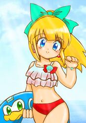  1girl bangs bird_print blonde_hair blue_eyes blunt_bangs bow bracelet capcom character_print cowboy_shot cute earrings eyebrows_visible_through_hair facing_viewer flat_chest frilled_bikini_top hair_bow innertube jewelry loli long_hair looking_at_viewer ponytail red_bikini_bottom rockman rockman_(classic) roll sidelocks smile solo summer tom_cat 