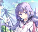  1girl :o ahoge anchor_symbol azur_lane backpack bag bag_charm bangs black_sailor_collar black_scrunchie blue_sky blush charm_(object) collarbone commentary_request day eyebrows_visible_through_hair ferris_wheel hair_between_eyes hair_ornament hair_scrunchie hairclip highres knee_up lamppost long_hair looking_at_viewer low_twintails outdoors parted_lips pink_neckwear purple_hair saeki_sora sailor_collar school_uniform scrunchie serafuku sitting sky solo sweater twintails unicorn_(amusement_park_date)_(azur_lane) unicorn_(azur_lane) very_long_hair violet_eyes white_sweater x_hair_ornament 