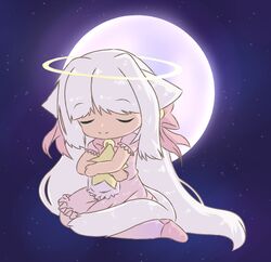 animal_ears apron backlighting bell_collar bells cat_ears chibi closed_eyes collar dress full_moon hair_bows halo hugging_object kemonomimi_mode long_hair moon night night_sky object_hug on_knees original pillow pink_dress ribbons ruffles shoes sinamuna sitting smile solo star_pillow stars tail very_long_hair white_hair 